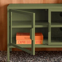 Industrielles TV-Möbel aus Metall und gehärtetem Glas mit 3 Türen, 120 cm