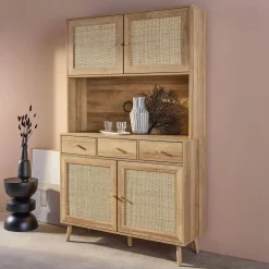 Küchenschrank aus Holz und Rattan-Geflecht mit 4 Türen und 3 Schubladen, B 110 cm