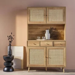 Küchenschrank aus Holz und Rattan-Geflecht mit 4 Türen und 3 Schubladen, B 110 cm