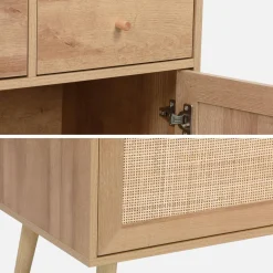 Küchenschrank aus Holz und Rattan-Geflecht mit 4 Türen und 3 Schubladen, B 110 cm
