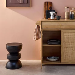 Küchenwagen Holz-Optik und Rattan-Geflecht, 1 Griff, 1 Schublade, 2 Türen