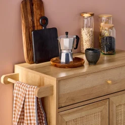 Küchenwagen Holz-Optik und Rattan-Geflecht, 1 Griff, 1 Schublade, 2 Türen