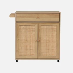 Küchenwagen Holz-Optik und Rattan-Geflecht, 1 Griff, 1 Schublade, 2 Türen