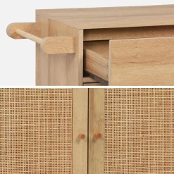 Küchenwagen Holz-Optik und Rattan-Geflecht, 1 Griff, 1 Schublade, 2 Türen