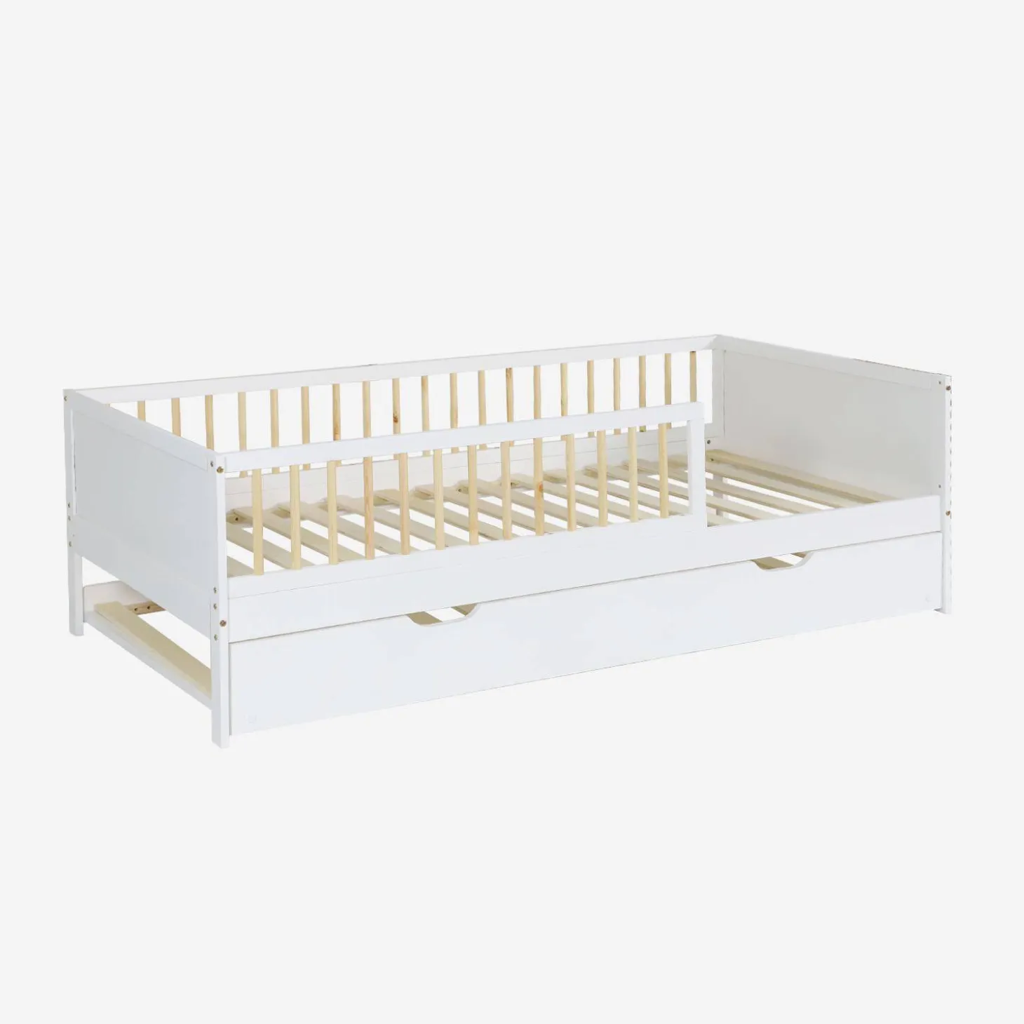 Kinderbett 90 x 190 cm aus naturbelassenem Kiefernholz mit Lattenrost und Ausziehbett
