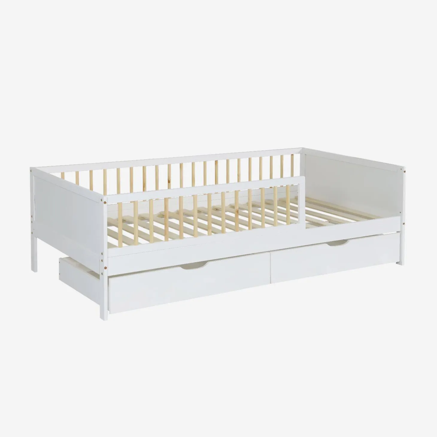 Kinderbett 90 x 190 cm aus naturbelassenem Kiefernholz mit Lattenrost und Schubladen