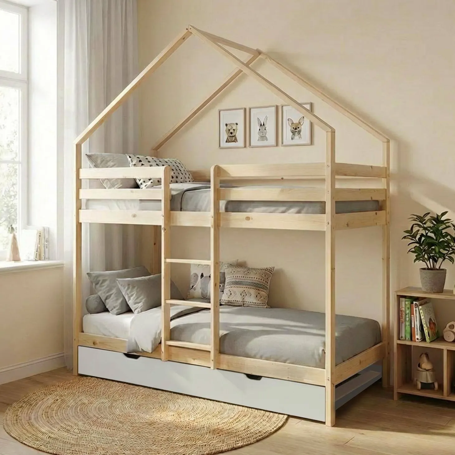 Kinder-Etagenbett Hausbett 90 x 190 cm aus Kiefernholz natur mit Ausziehbett