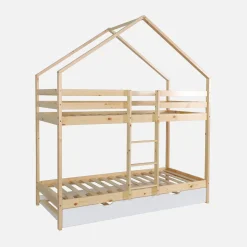 Kinder-Etagenbett Hausbett 90 x 190 cm aus Kiefernholz natur mit Ausziehbett