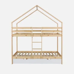 Kinder-Etagenbett Hausbett 90 x 190 cm aus Kiefernholz natur mit Ausziehbett