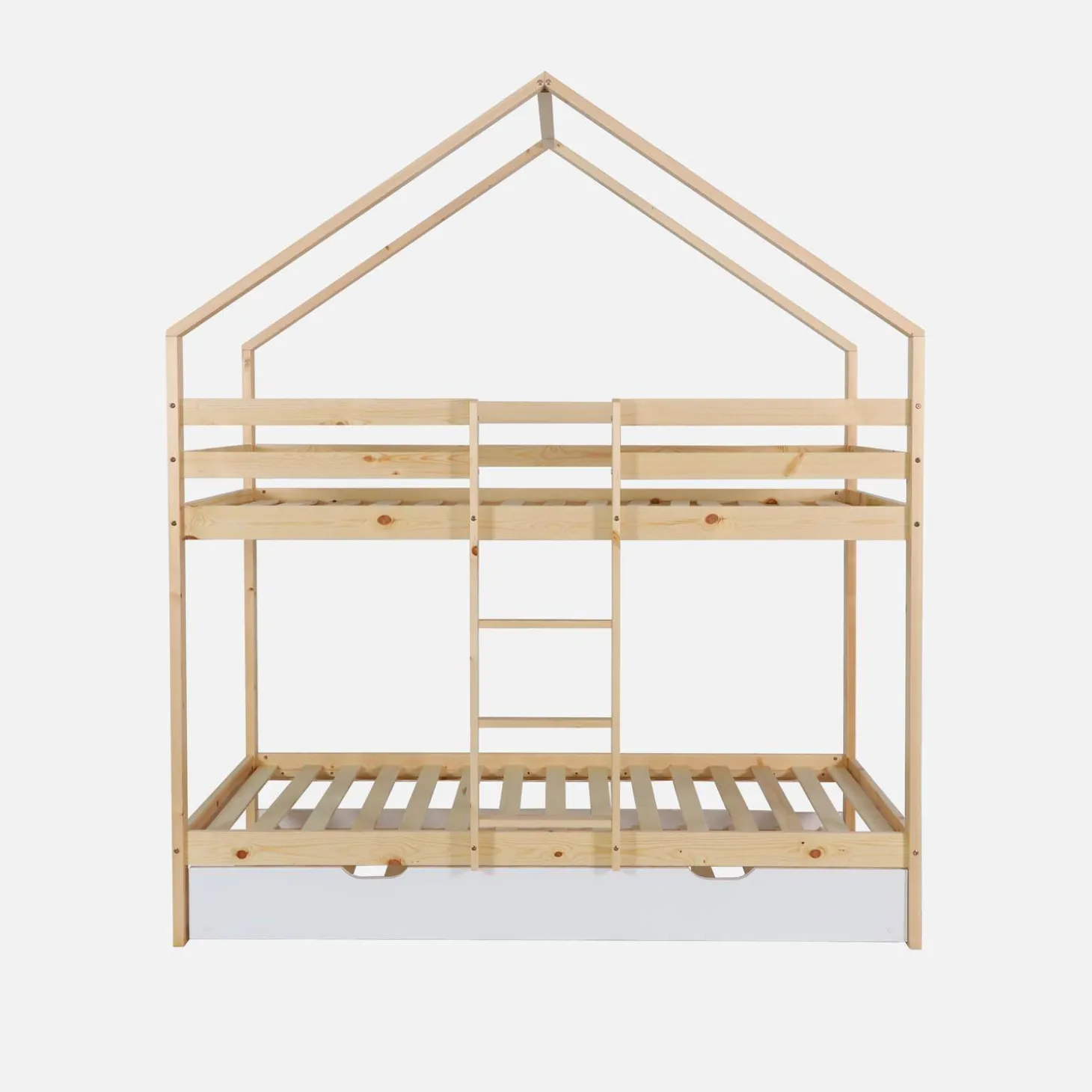 Kinder-Etagenbett Hausbett 90 x 190 cm aus Kiefernholz natur mit Ausziehbett