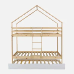 Kinder-Etagenbett Hausbett 90 x 190 cm aus Kiefernholz natur mit Ausziehbett