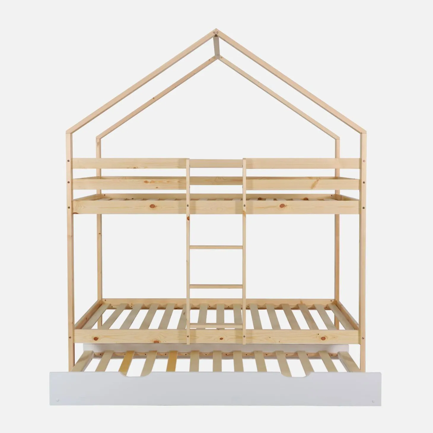 Kinder-Etagenbett Hausbett 90 x 190 cm aus Kiefernholz natur mit Ausziehbett
