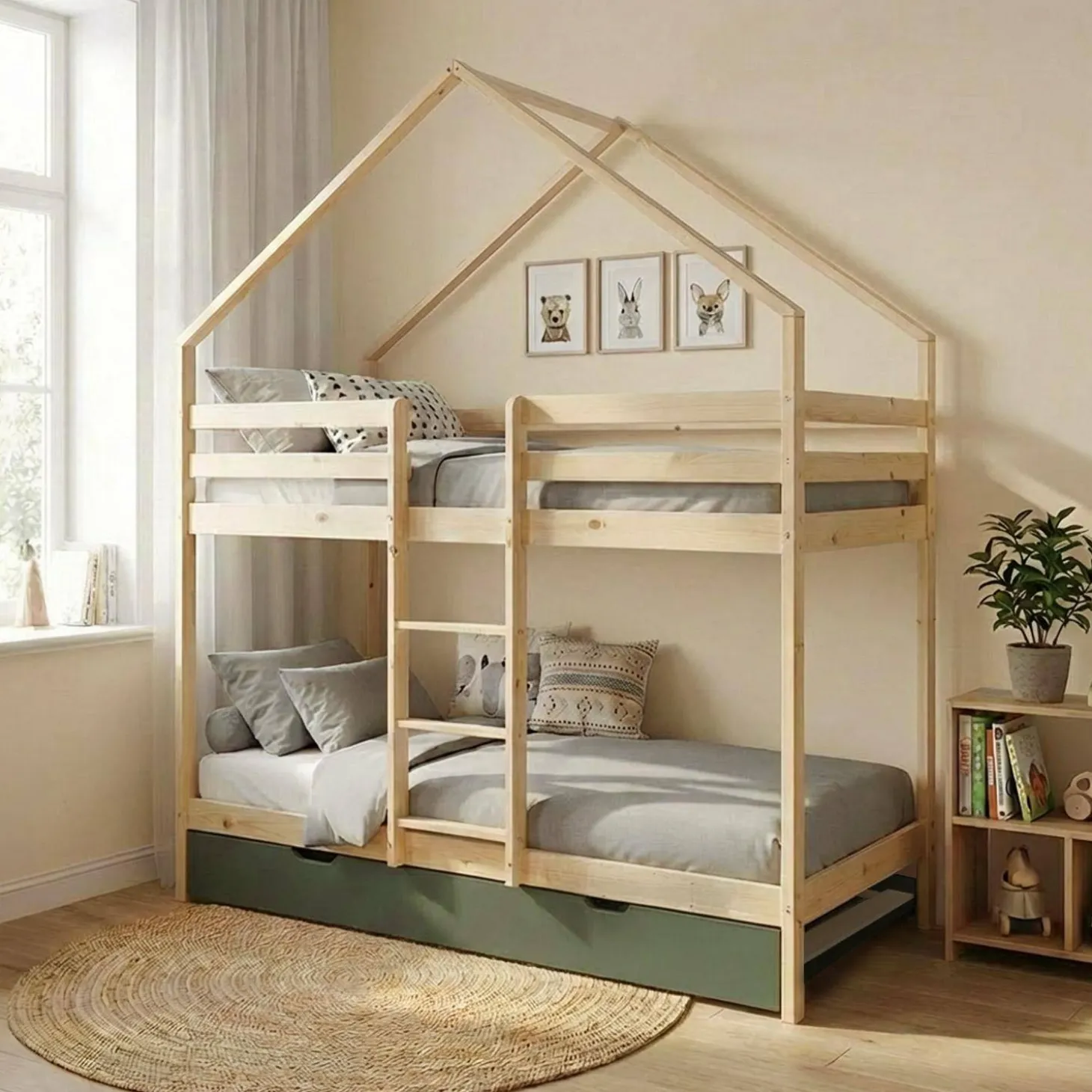 Kinder-Etagenbett Hausbett 90 x 190 cm aus Kiefernholz natur mit Ausziehbett