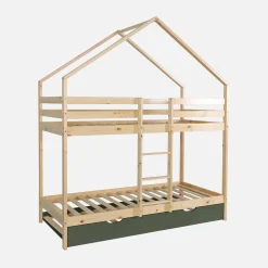 Kinder-Etagenbett Hausbett 90 x 190 cm aus Kiefernholz natur mit Ausziehbett