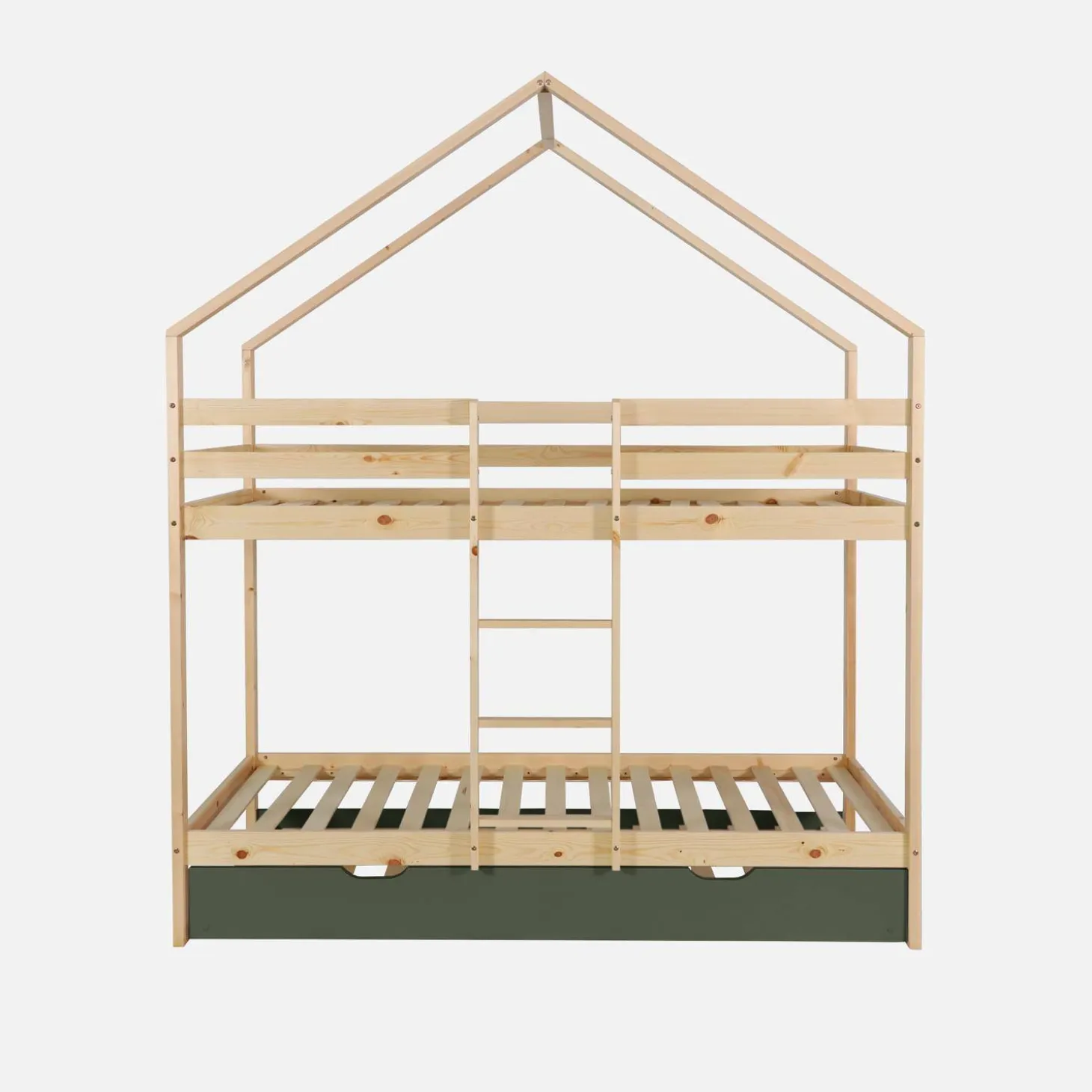 Kinder-Etagenbett Hausbett 90 x 190 cm aus Kiefernholz natur mit Ausziehbett