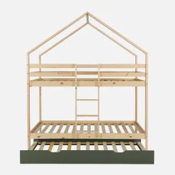 Kinder-Etagenbett Hausbett 90 x 190 cm aus Kiefernholz natur mit Ausziehbett