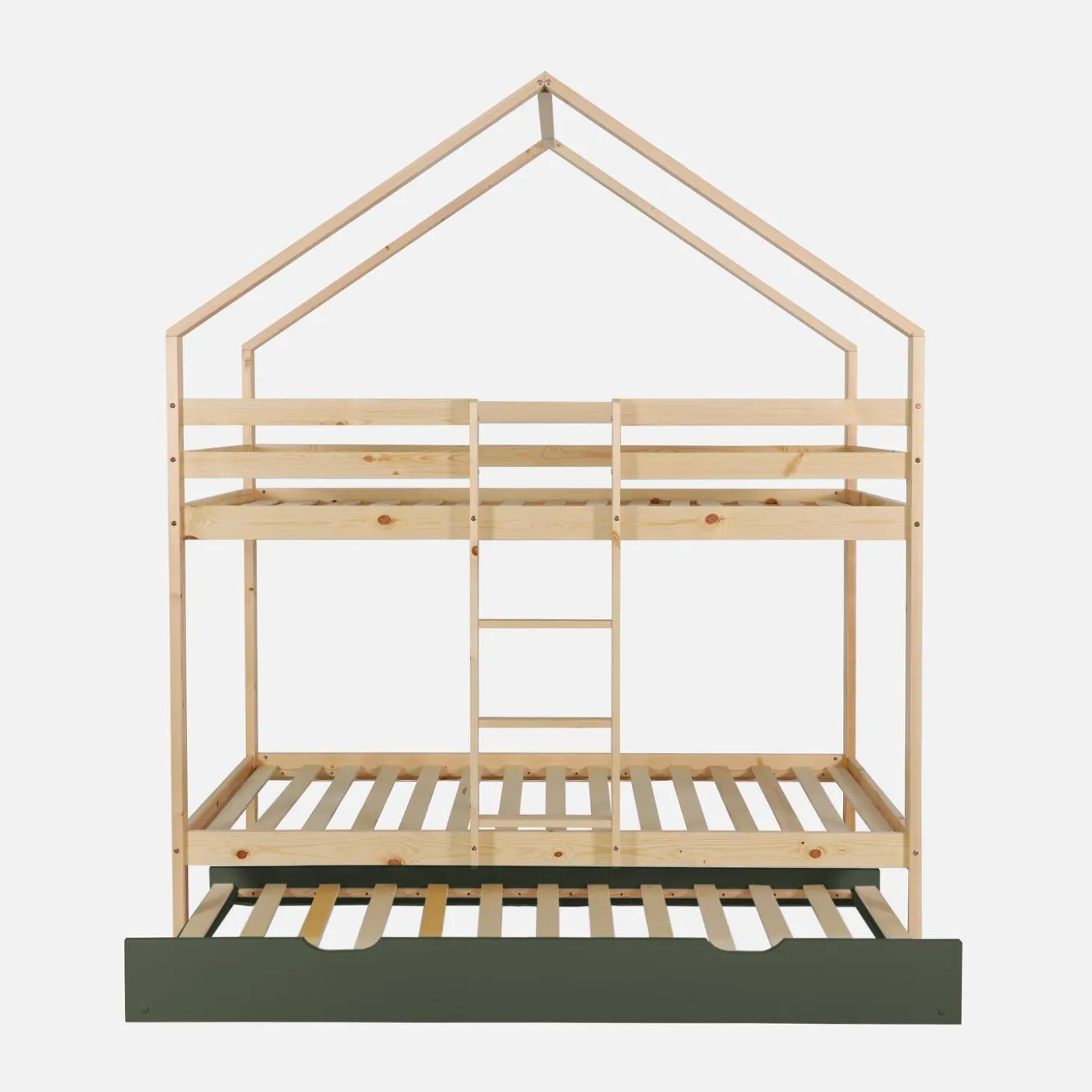 Kinder-Etagenbett Hausbett 90 x 190 cm aus Kiefernholz natur mit Ausziehbett
