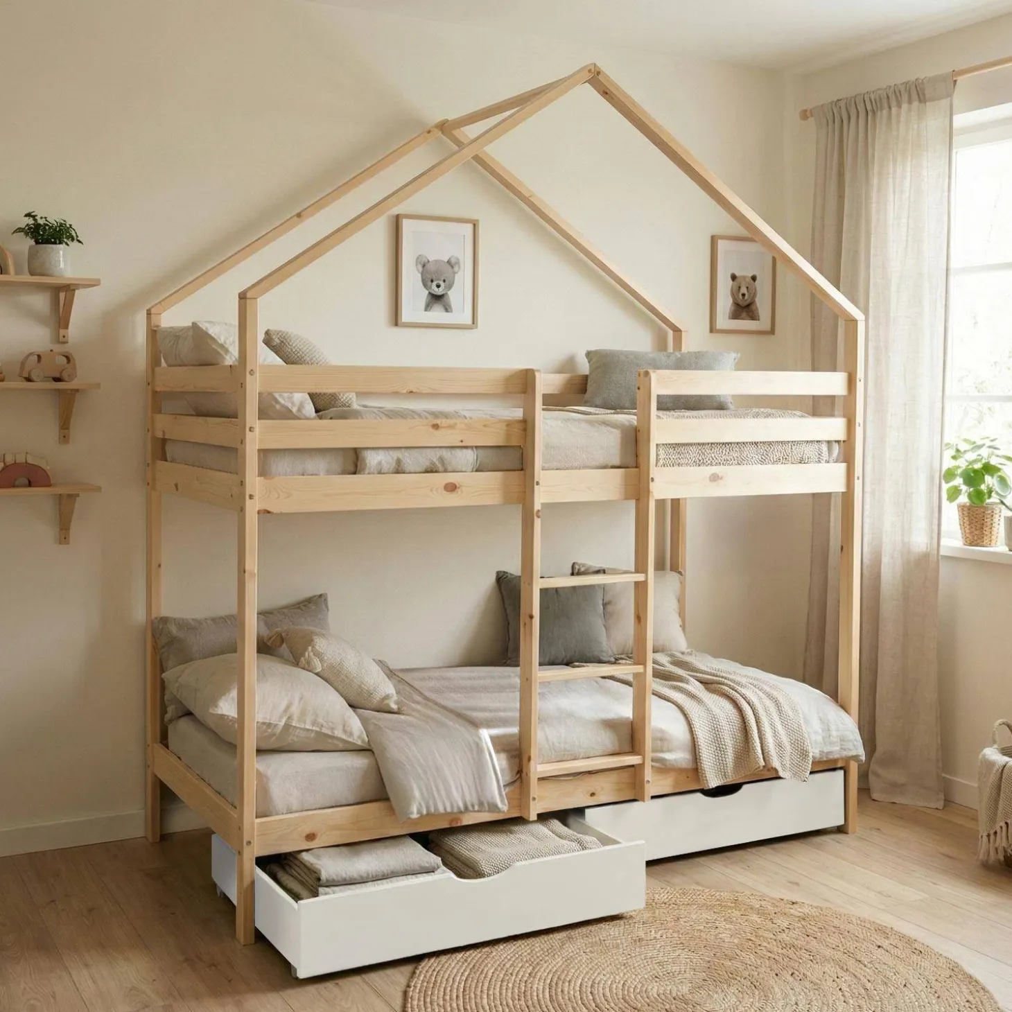 Kinder-Etagenbett Hausbett 90 x 190 cm aus naturbelassenem Kiefernholz mit Schubkästen