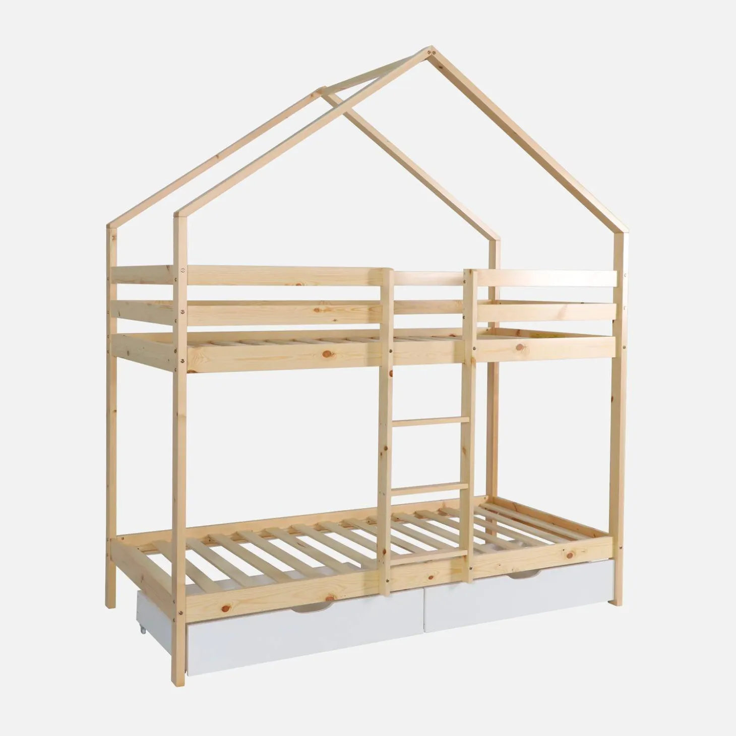 Kinder-Etagenbett Hausbett 90 x 190 cm aus naturbelassenem Kiefernholz mit Schubkästen