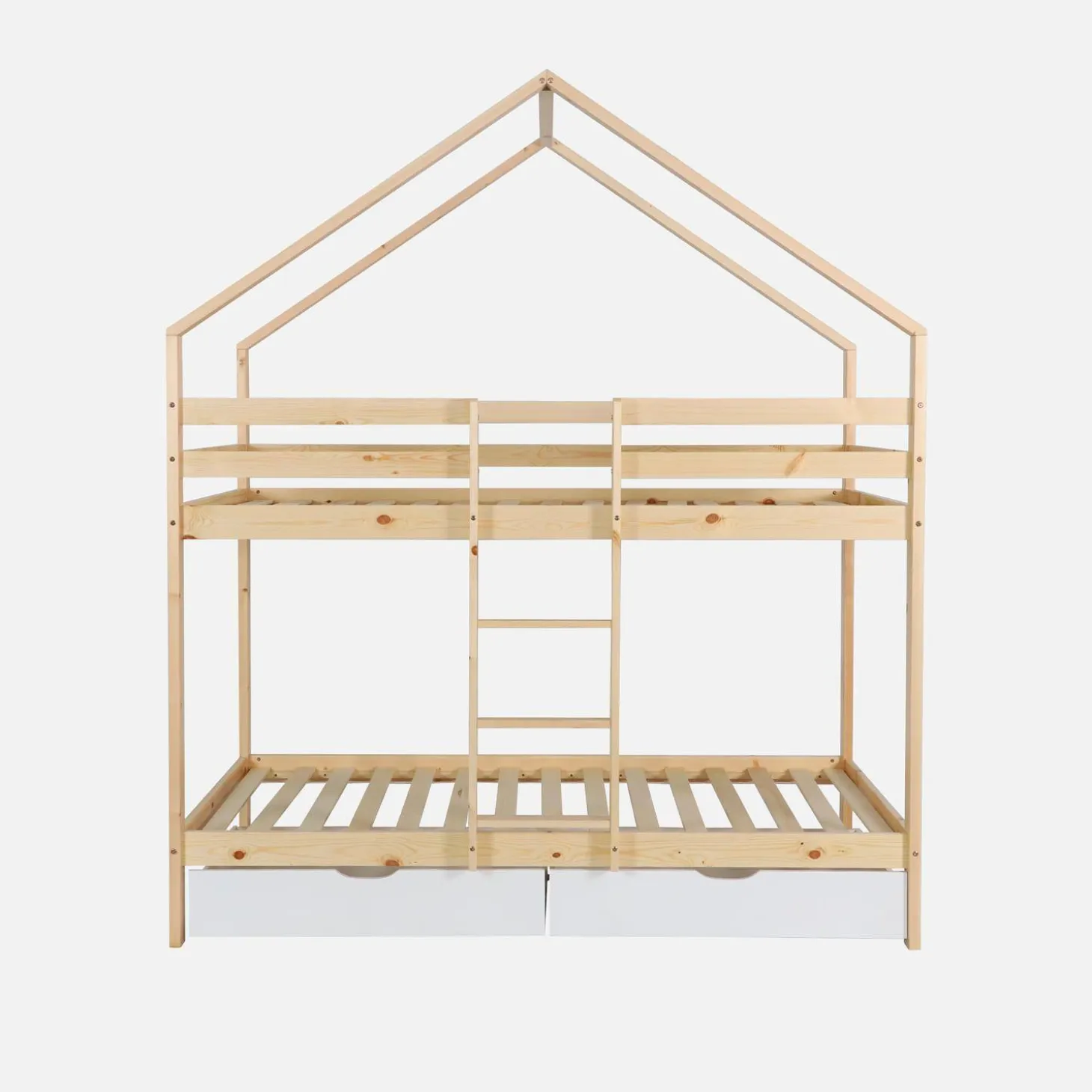 Kinder-Etagenbett Hausbett 90 x 190 cm aus naturbelassenem Kiefernholz mit Schubkästen