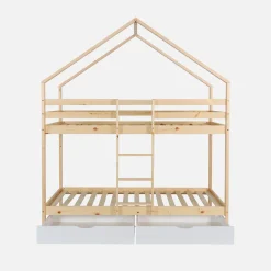 Kinder-Etagenbett Hausbett 90 x 190 cm aus naturbelassenem Kiefernholz mit Schubkästen