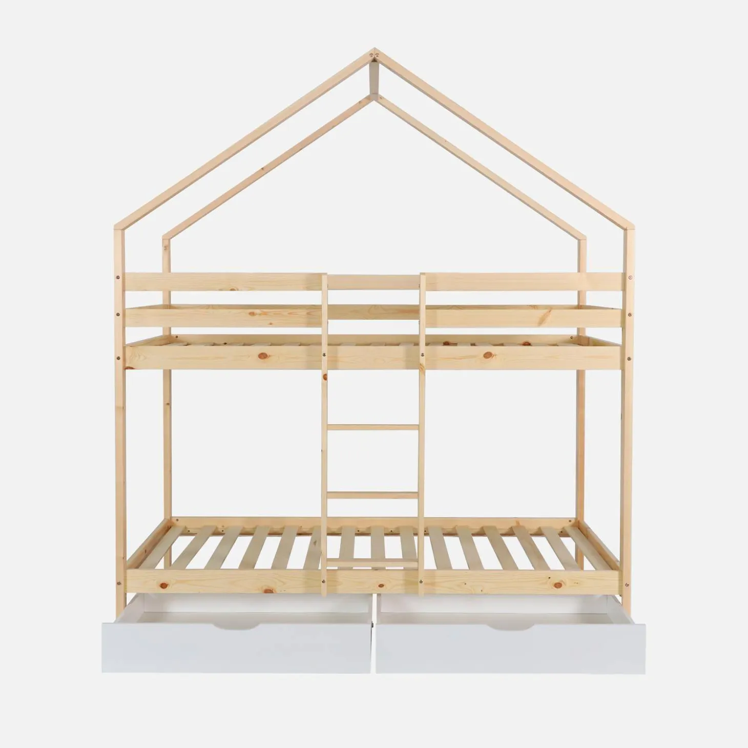 Kinder-Etagenbett Hausbett 90 x 190 cm aus naturbelassenem Kiefernholz mit Schubkästen