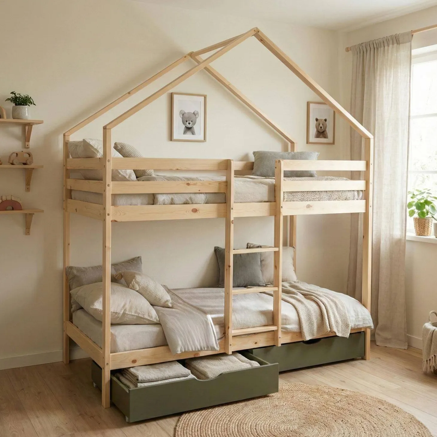 Kinder-Etagenbett Hausbett 90 x 190 cm aus naturbelassenem Kiefernholz mit Schubkästen