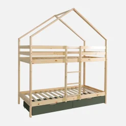 Kinder-Etagenbett Hausbett 90 x 190 cm aus naturbelassenem Kiefernholz mit Schubkästen