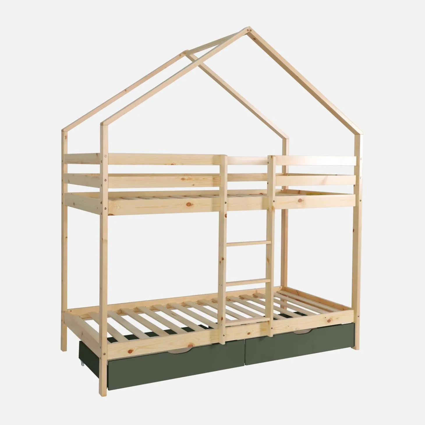 Kinder-Etagenbett Hausbett 90 x 190 cm aus naturbelassenem Kiefernholz mit Schubkästen