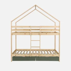 Kinder-Etagenbett Hausbett 90 x 190 cm aus naturbelassenem Kiefernholz mit Schubkästen
