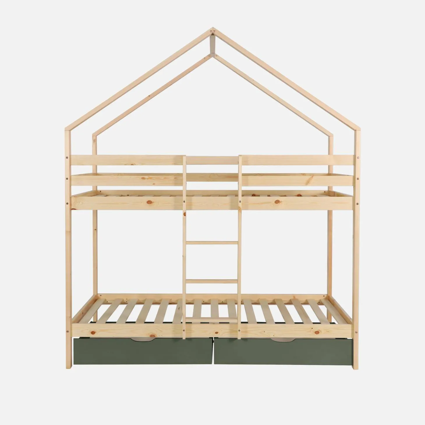 Kinder-Etagenbett Hausbett 90 x 190 cm aus naturbelassenem Kiefernholz mit Schubkästen
