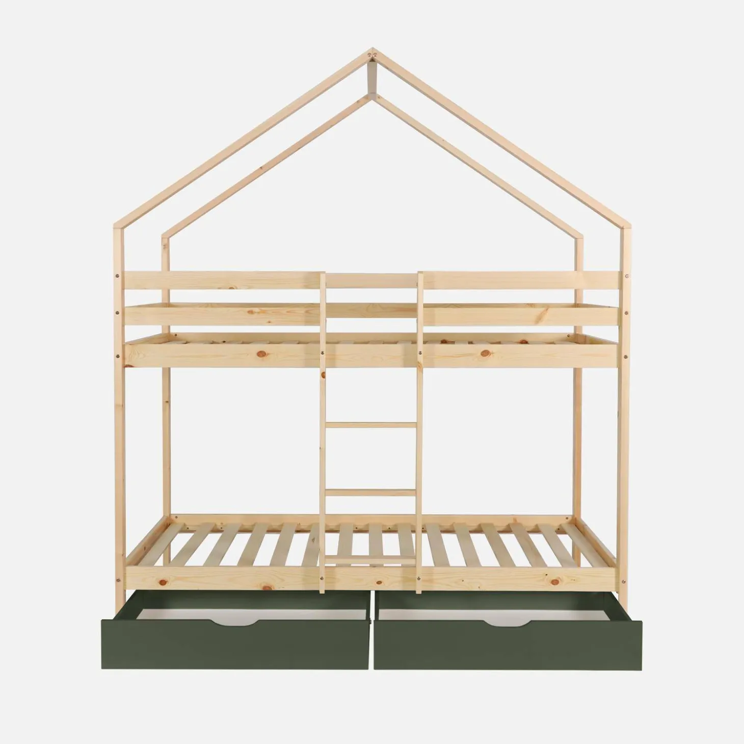 Kinder-Etagenbett Hausbett 90 x 190 cm aus naturbelassenem Kiefernholz mit Schubkästen