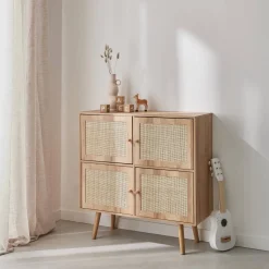 Kinderkommode mit Holzlook und 4 Rattantüren