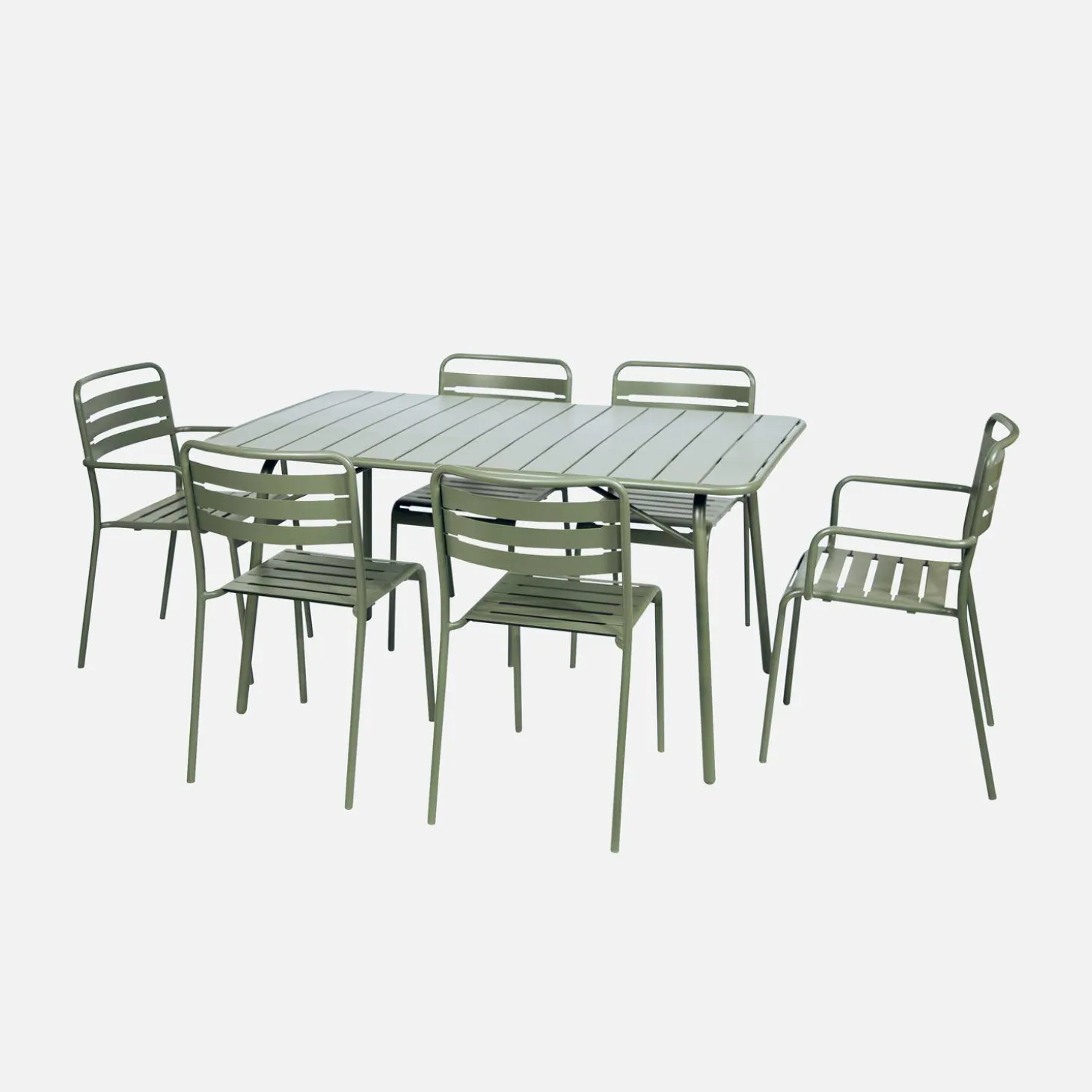 Klappbarer Gartentisch aus Stahl mit 2 Sesseln und 4 Stühlen