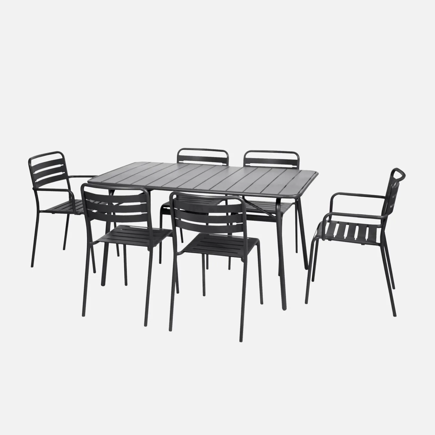 Klappbarer Gartentisch aus Stahl mit 2 Sesseln und 4 Stühlen