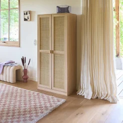 Kleiderschrank mit Rattan-Geflecht und Holzdekor, 2 Türen mit Kleiderstange