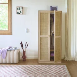 Kleiderschrank mit Rattan-Geflecht und Holzdekor, 2 Türen mit Kleiderstange