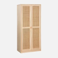 Kleiderschrank mit Rattan-Geflecht und Holzdekor, 2 Türen mit Kleiderstange