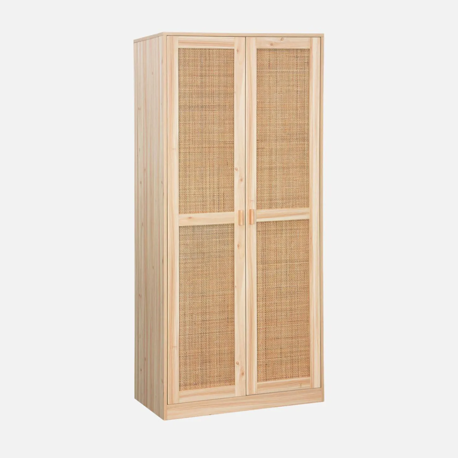 Kleiderschrank mit Rattan-Geflecht und Holzdekor, 2 Türen mit Kleiderstange