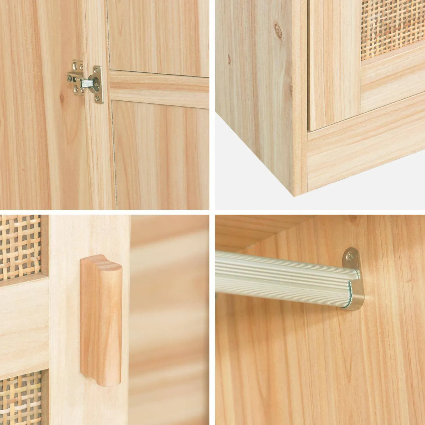 Kleiderschrank mit Rattan-Geflecht und Holzdekor, 2 Türen mit Kleiderstange