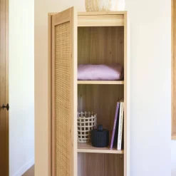 Kleiderschrank mit Rattan-Geflecht und Holzdekor, 1 Tür, 5 Regale