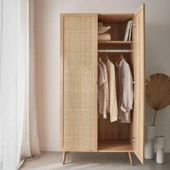 Kleiderschrank mit Rattan-Geflecht und Holzlook, 2 Türen