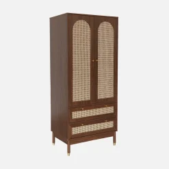 Kleiderschrank mit 2 Türen, 2 Schubladen und Rattan-Geflecht