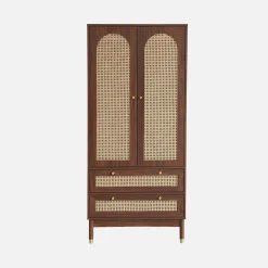 Kleiderschrank mit 2 Türen, 2 Schubladen und Rattan-Geflecht