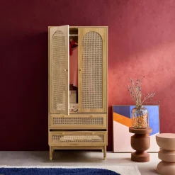 Kleiderschrank mit 2 Türen, 2 Schubladen und Rattan-Geflecht