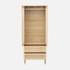 Kleiderschrank mit 2 Türen, 2 Schubladen und Rattan-Geflecht