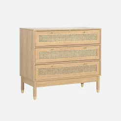 Kommode Holzdekor und Rattan-Geflecht 3 Schubladen