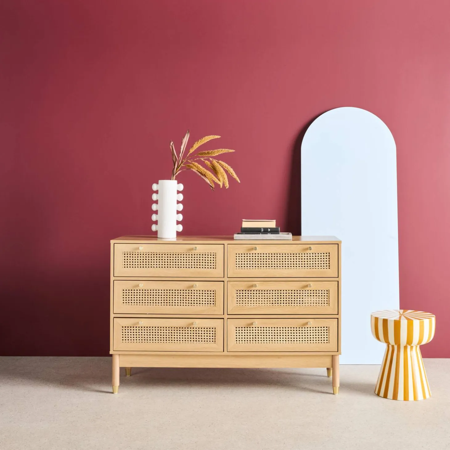 Kommode Holzdekor und Rattan-Geflecht 6 Schubladen