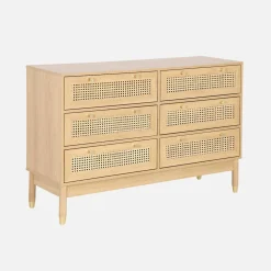 Kommode Holzdekor und Rattan-Geflecht 6 Schubladen