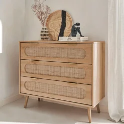 Kommode mit Holzdekor und abgerundetem Rattan-Geflecht 3 Schubladen